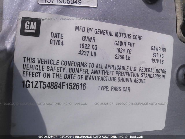 1G1ZT54884F152616 - 2004 CHEVROLET MALIBU LS SILVER photo 9