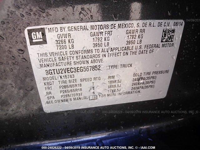 3GTU2VEC3EG567852 - 2014 GMC SIERRA K1500 SLT GRAY photo 9