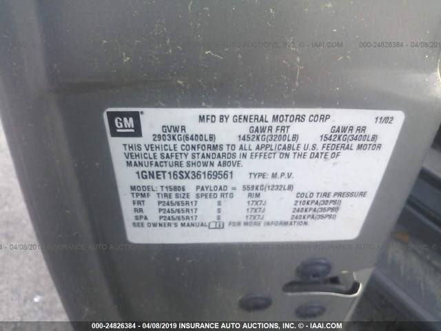 1GNET16SX36169561 - 2003 CHEVROLET TRAILBLAZER EXT GRAY photo 9