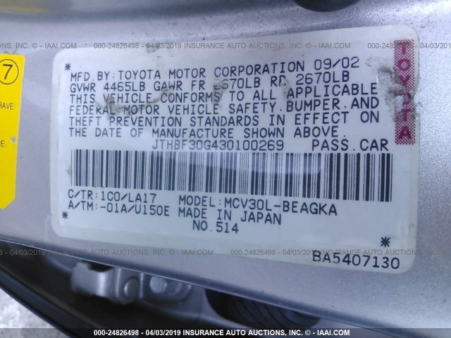 JTHBF30G430100269 - 2003 LEXUS ES 300 SILVER photo 9