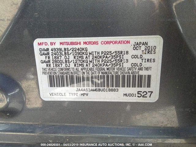 JA4AS3AW6BU018883 - 2011 MITSUBISHI OUTLANDER SE ნაცრისფერი ფოტო 9