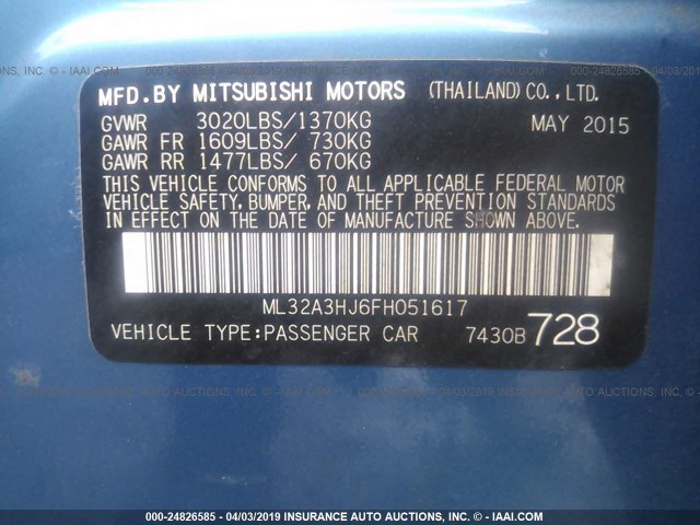 ML32A3HJ6FH051617 - 2015 MITSUBISHI MIRAGE DE BLUE photo 9