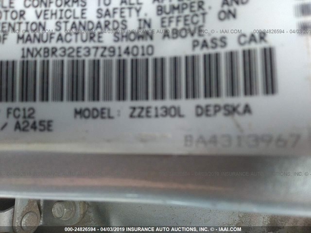 1NXBR32E37Z914010 - 2007 TOYOTA COROLLA CE/LE/S SILVER photo 9