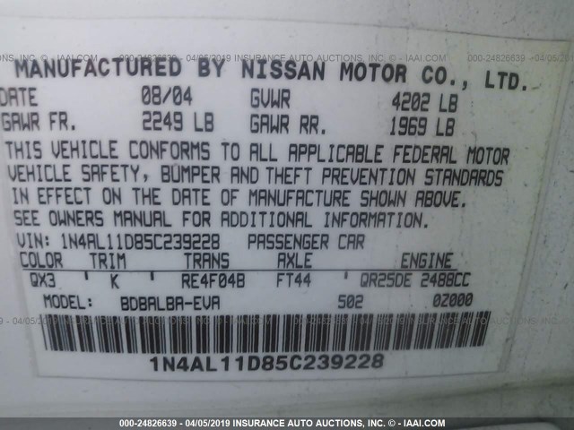 1N4AL11D85C239228 - 2005 NISSAN ALTIMA S/SL WHITE photo 9