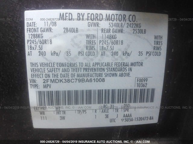 2FMDK38C79BA61008 - 2009 FORD EDGE SEL BURGUNDY photo 9