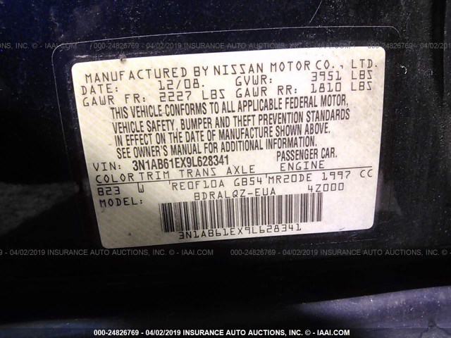 3N1AB61EX9L628341 - 2009 NISSAN SENTRA 2.0/2.0S/2.0SL BLUE photo 9