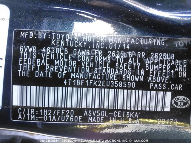 4T1BF1FK2EU358590 - 2014 TOYOTA CAMRY L/SE/LE/XLE 灰色 照片 9