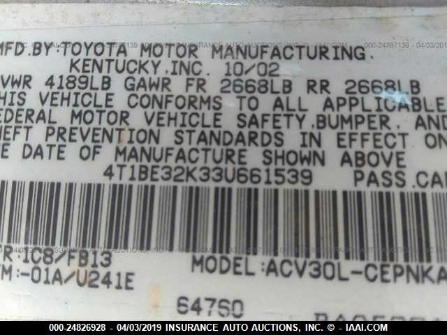 4T1BE32K33U661539 - 2003 TOYOTA CAMRY LE/XLE/SE SILVER photo 9
