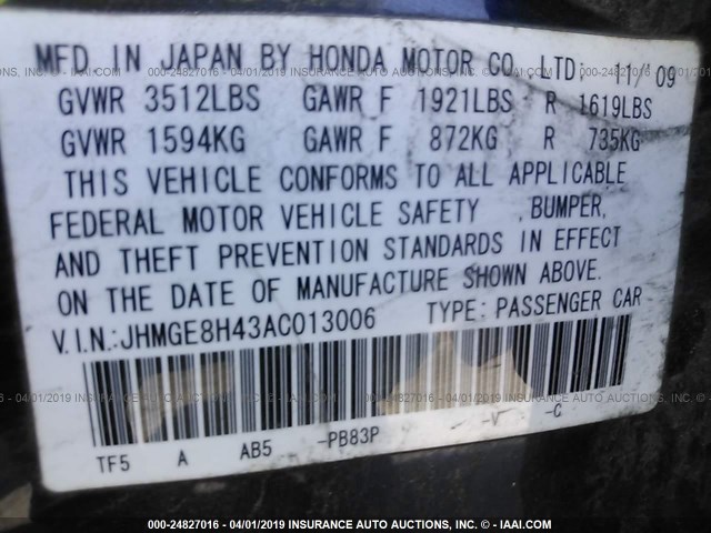 JHMGE8H43AC013006 - 2010 HONDA FIT SPORT BLUE photo 9