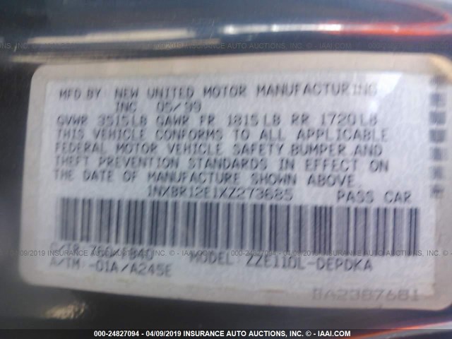 1NXBR12E1XZ273685 - 1999 TOYOTA COROLLA VE/CE/LE BLUE photo 9