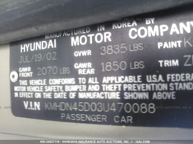 KMHDN45D03U470088 - 2003 HYUNDAI ELANTRA GLS/GT GOLD photo 9