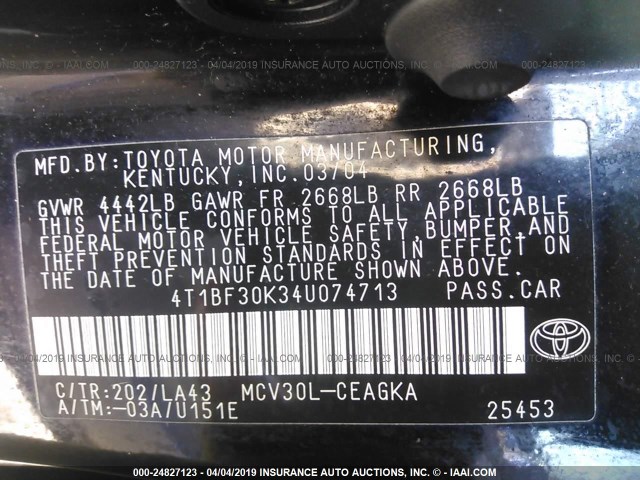 4T1BF30K34U074713 - 2004 TOYOTA CAMRY LE/XLE/SE BLACK photo 9