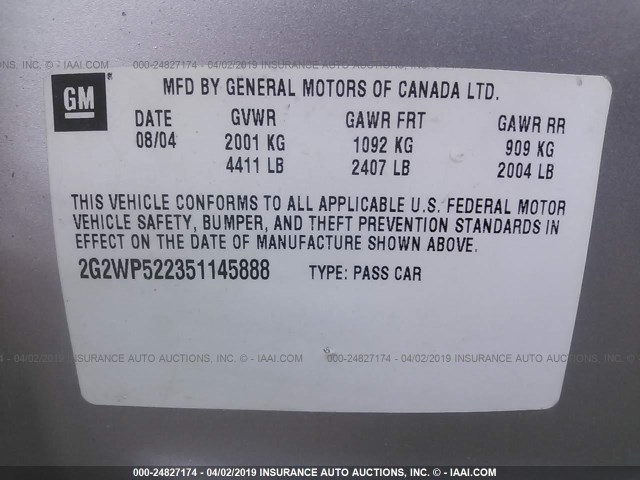 2G2WP522351145888 - 2005 PONTIAC GRAND PRIX 银色 照片 9