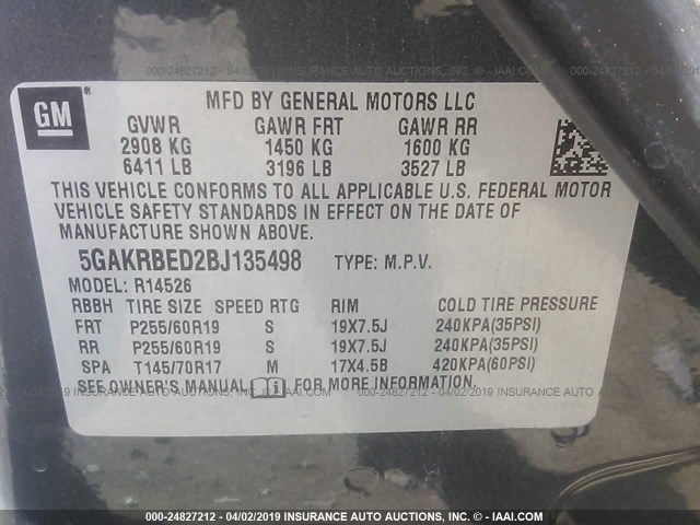 5GAKRBED2BJ135498 - 2011 BUICK ENCLAVE CXL BLACK photo 9