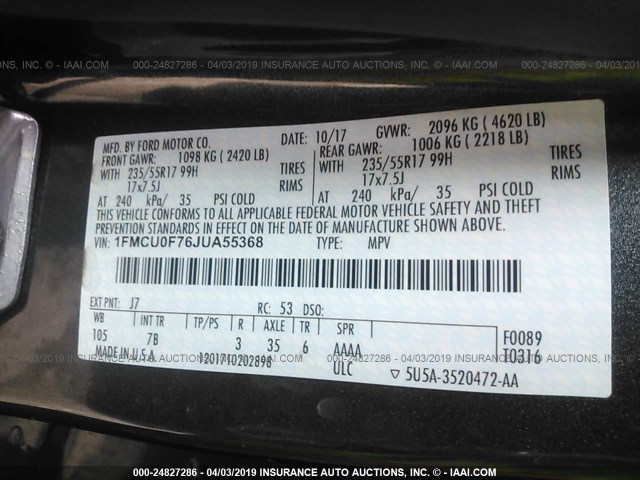 1FMCU0F76JUA55368 - 2018 FORD ESCAPE S GRAY photo 9