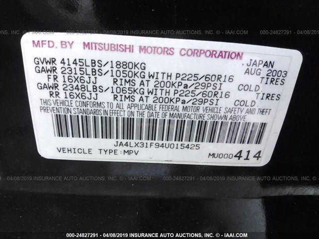 JA4LX31F94U015425 - 2004 MITSUBISHI OUTLANDER LS BLACK photo 9