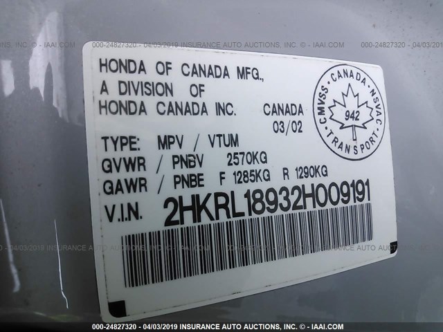 2HKRL18932H009191 - 2002 HONDA ODYSSEY EXL SILVER photo 9