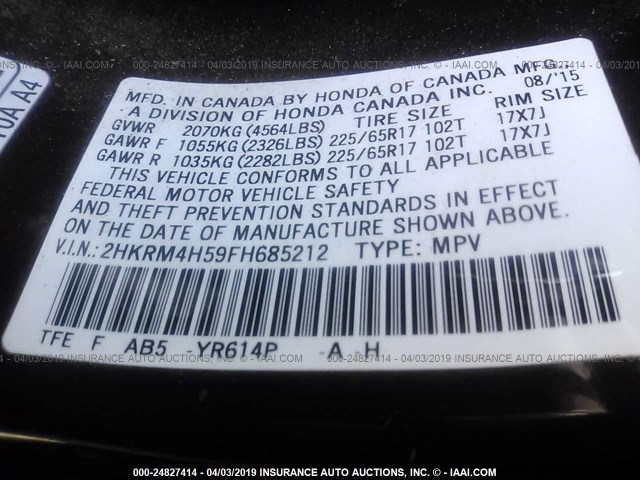 2HKRM4H59FH685212 - 2015 HONDA CR-V EX MAROON photo 9