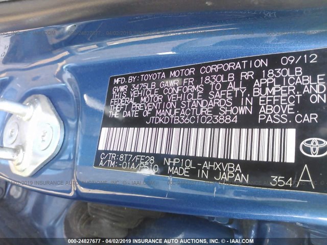 JTDKDTB36C1023884 - 2012 TOYOTA PRIUS C BLUE photo 9