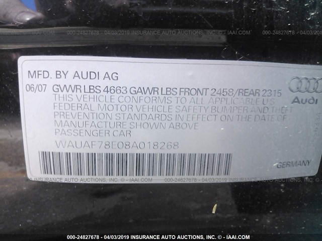 WAUAF78E08A018268 - 2008 AUDI A4 2.0T BLACK photo 9