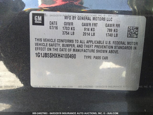 1G1JB5SHXH4100490 - 2017 CHEVROLET SONIC LS 灰色 照片 9