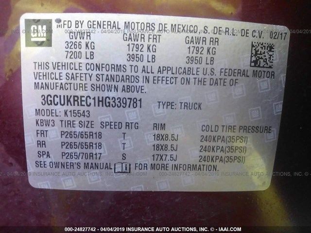 3GCUKREC1HG339781 - 2017 CHEVROLET SILVERADO K1500 LT MAROON photo 9