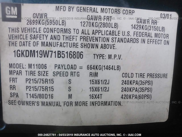 1GKDM19W71B516806 - 2001 GMC SAFARI XT BLUE photo 9