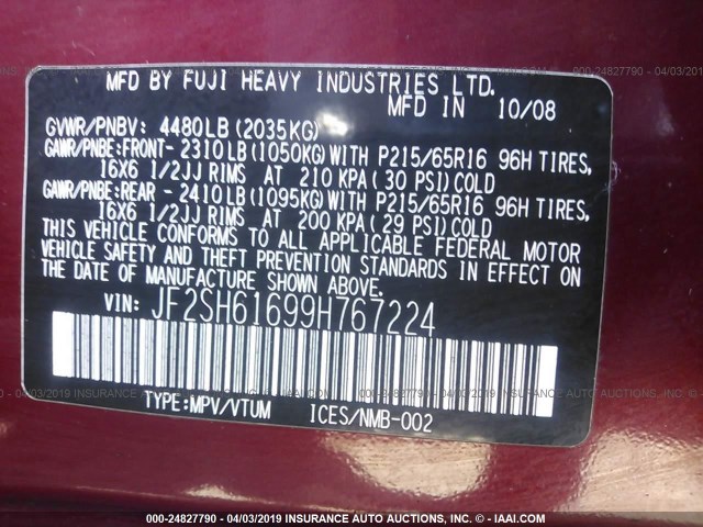 JF2SH61699H767224 - 2009 SUBARU FORESTER 2.5X MAROON photo 9