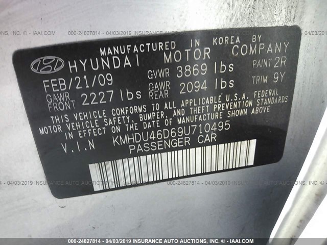 KMHDU46D69U710495 - 2009 HYUNDAI ELANTRA GLS/SE SILVER photo 9