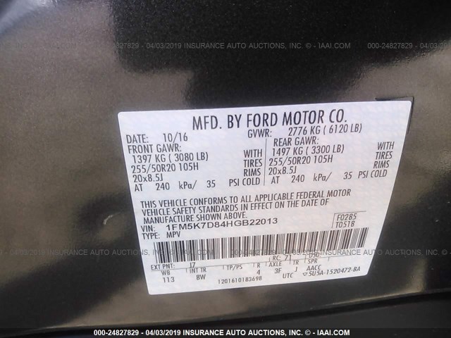 1FM5K7D84HGB22013 - 2017 FORD EXPLORER XLT GRAY photo 9