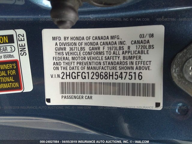 2HGFG12968H547516 - 2008 HONDA CIVIC EXL BLUE photo 9