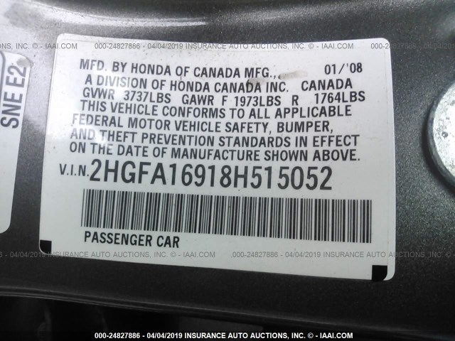 2HGFA16918H515052 - 2008 HONDA CIVIC EXL GRAY photo 9