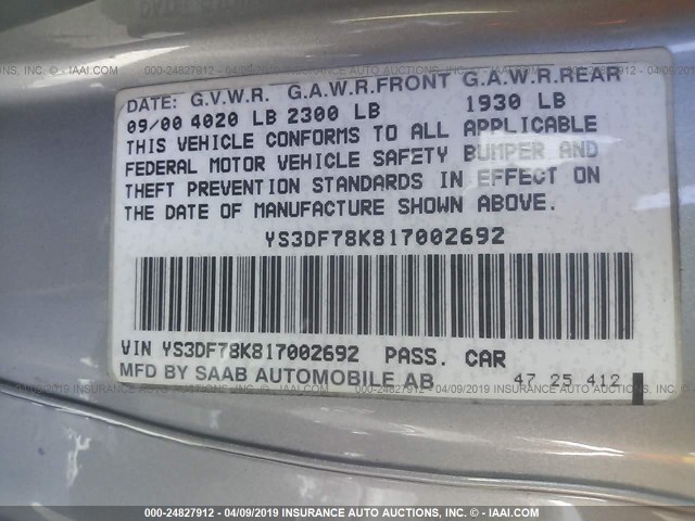 YS3DF78K817002692 - 2001 SAAB 9-3 SE GRAY photo 9