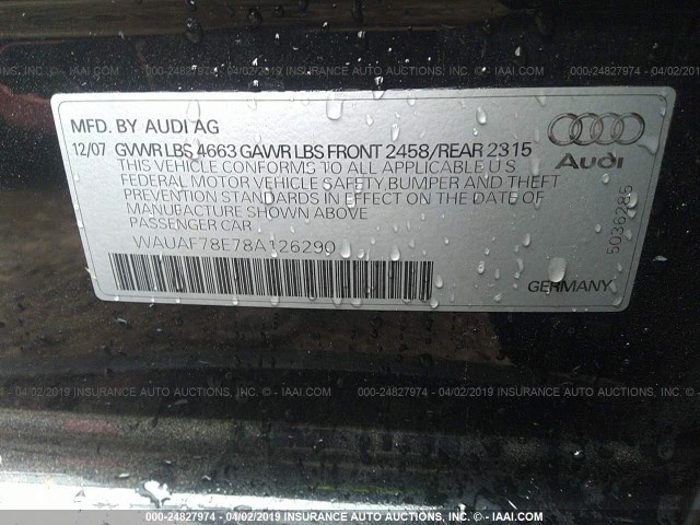WAUAF78E78A126290 - 2008 AUDI A4 2.0T BLACK photo 9