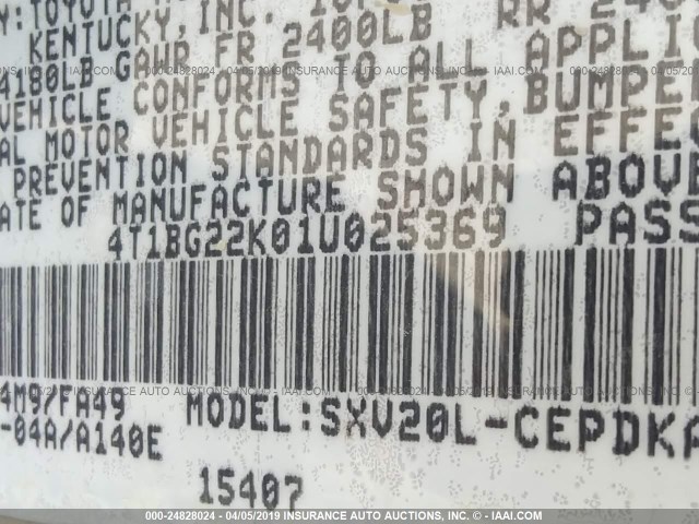 4T1BG22K01U025369 - 2001 TOYOTA CAMRY CE/LE/XLE 灰色 照片 9