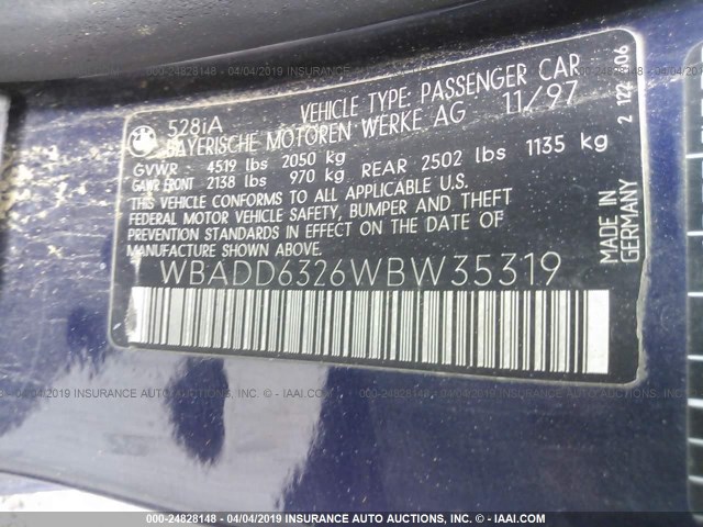 WBADD6326WBW35319 - 1998 BMW 528 I AUTOMATIC BLUE photo 9