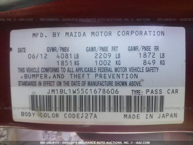 JM1BL1W55C1678606 - 2012 MAZDA 3 S RED photo 9