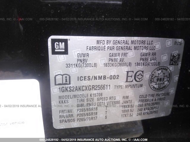 1GKS2AKCXGR256611 - 2016 GMC YUKON SLE BLACK photo 9