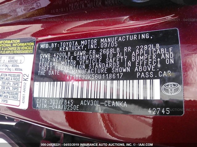 4T1BE32K56U118617 - 2006 TOYOTA CAMRY LE/XLE/SE RED photo 9