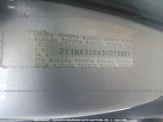 2T1BR32EX3C073881 - 2003 TOYOTA COROLLA CE/LE/S SILVER photo 9