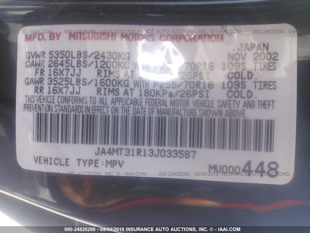 JA4MT31R13J033587 - 2003 MITSUBISHI MONTERO SPORT XLS BLACK photo 9