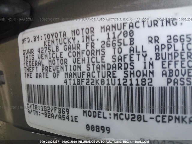 4T1BF22K01U121182 - 2001 TOYOTA CAMRY LE/XLE GRAY photo 9