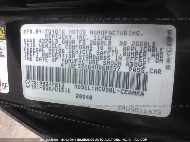 4T1BF32K64U068837 - 2004 TOYOTA CAMRY LE/XLE/SE BLACK photo 9