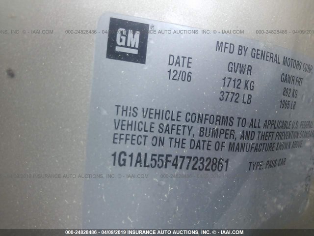 1G1AL55F477232861 - 2007 CHEVROLET COBALT LT GOLD photo 9