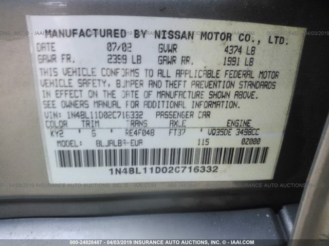 1N4BL11D02C716332 - 2002 NISSAN ALTIMA SE SILVER photo 9