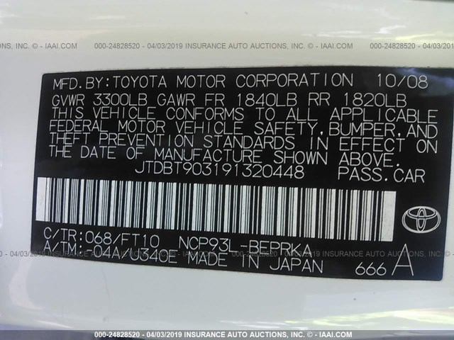 JTDBT903191320448 - 2009 TOYOTA YARIS WHITE photo 9