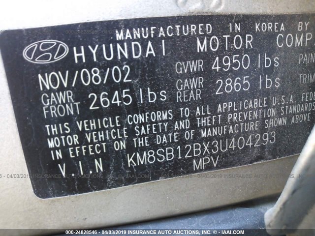 KM8SB12BX3U404293 - 2003 HYUNDAI SANTA FE GL SILVER photo 9