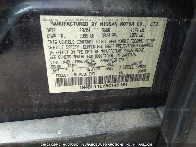 1N4BL11E25C145164 - 2005 NISSAN ALTIMA SE/SL/SE-R BLACK photo 9