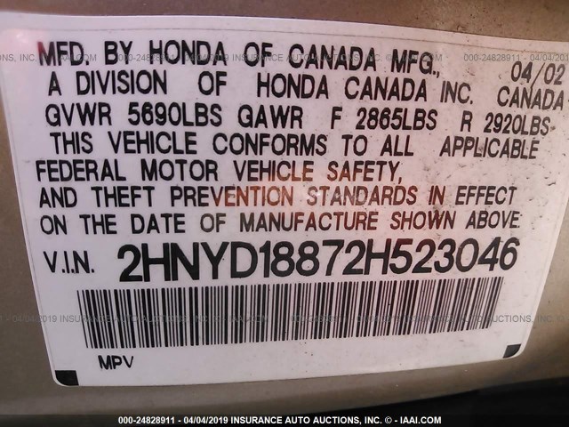 2HNYD18872H523046 - 2002 ACURA MDX TOURING GOLD photo 9