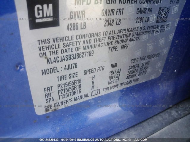 KL4CJASB3JB627189 - 2018 BUICK ENCORE PREFERRED BLUE photo 9